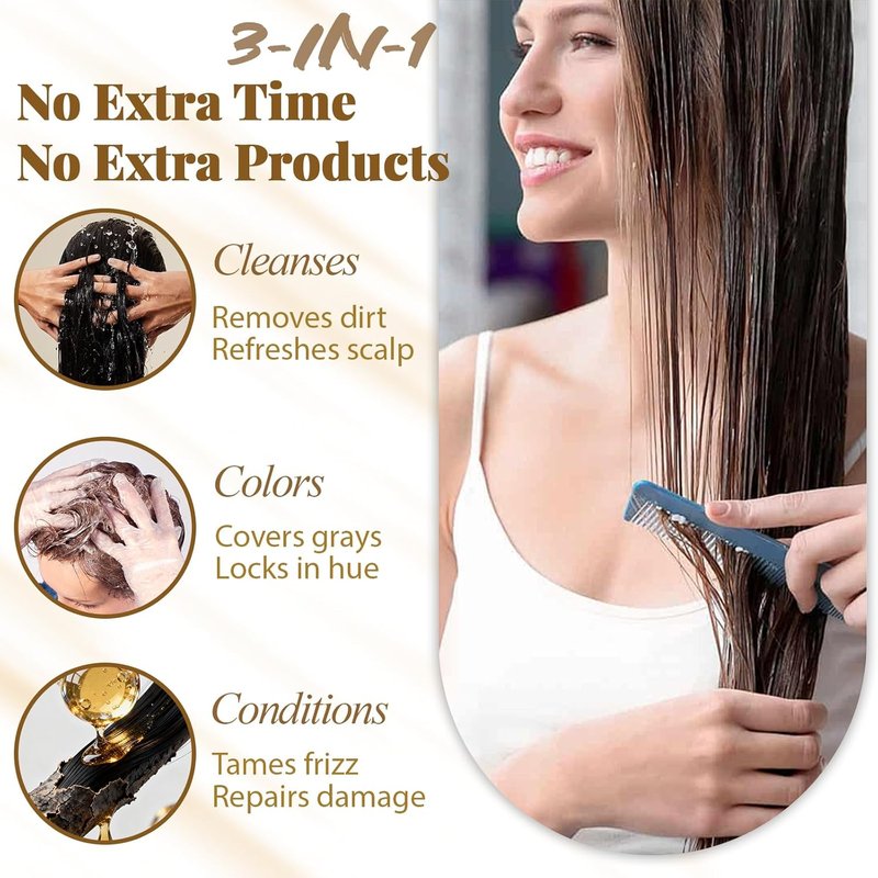 Light Brown Hair Dye Shampoo - 3-in-1 Color Treatment for Gray Coverage | Quick Natural Brown Tint