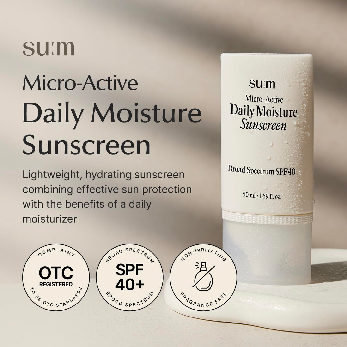 SU:M Micro-Active Daily Moisture Sunscreen SPF40 (1.69 fl oz) - Fragrance-Free, No White Cast, Hydrating Face Sun Cream for Sensitive Skin with Niacinamide, Korean Skin Care