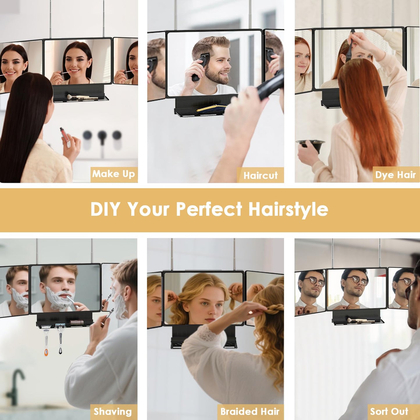 Dripex 3 Way Mirror with Storage Shelf, Trifold Self Haircut 360° Barber Mirror with Height Adjustable Hooks for Makeup, Styling, Shaving, Braiding, Dye Hair
