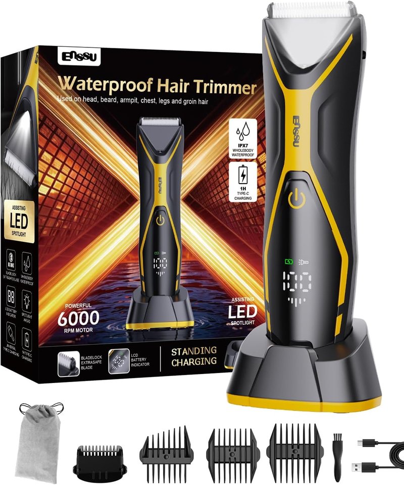 Electric Body Hair Trimmer for Men - Type-C Rechargeable Groin Groomer with LED Light | Fast Charge, Black & Yellow