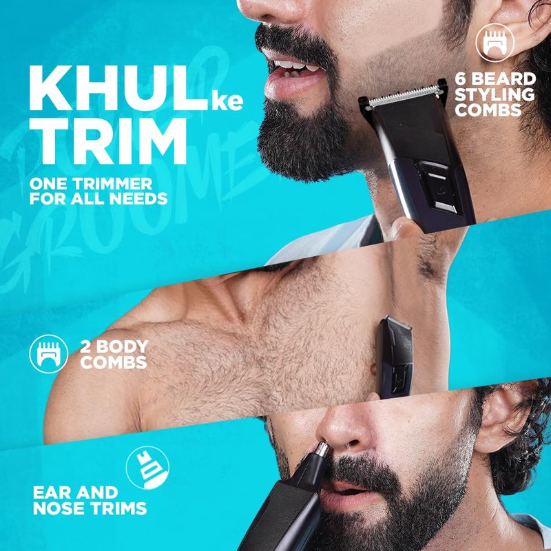 Bombay Shaving Company 11 in 1 Trimmer Men All in One Full Body Trimmer for Men 90 Min Charge time 90 mins Run time Type C Charging Power Groomer (New Model), Blue