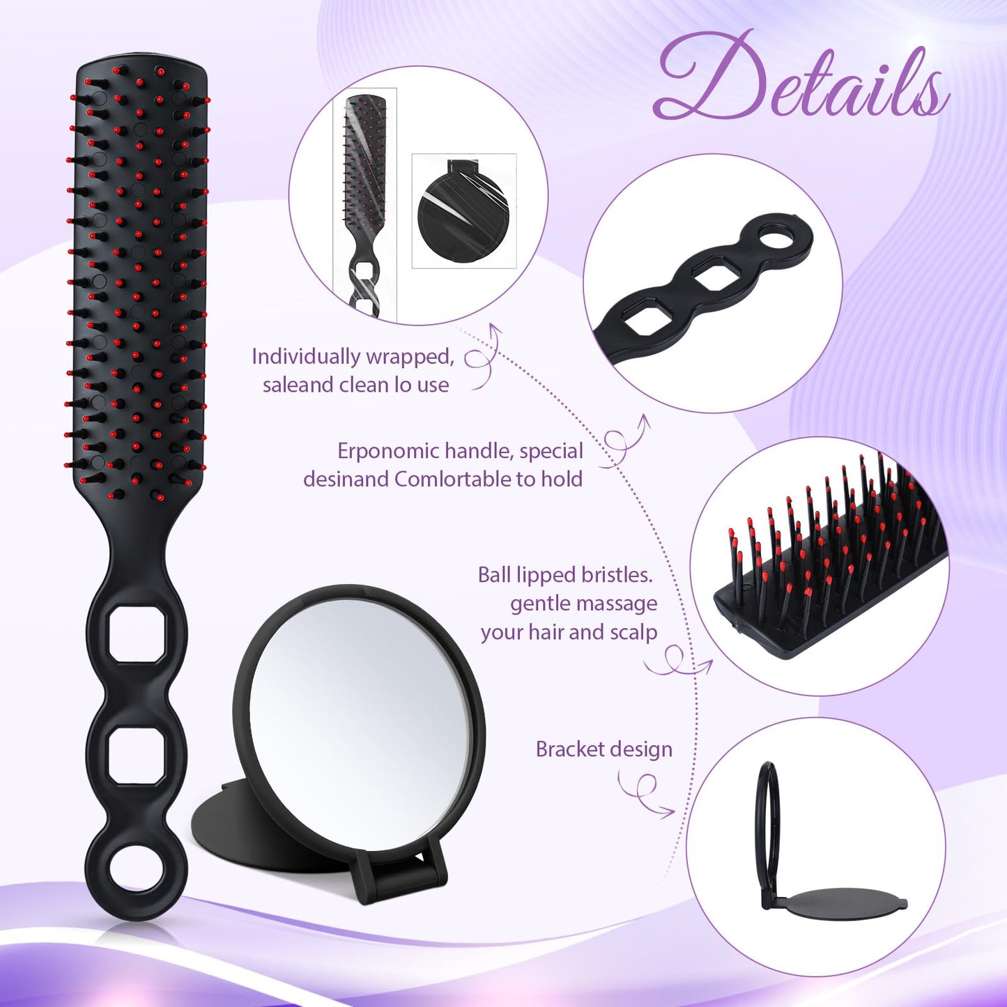 Ferrochef 48 Pcs Hair Brushes and Folding Mirrors Set for Homeless Include Bulk Mini Hair Combs and Mini Portable Round Pocket Makeup Compact Mirror Spa Party Gift for Women for Purse Travel (Black)