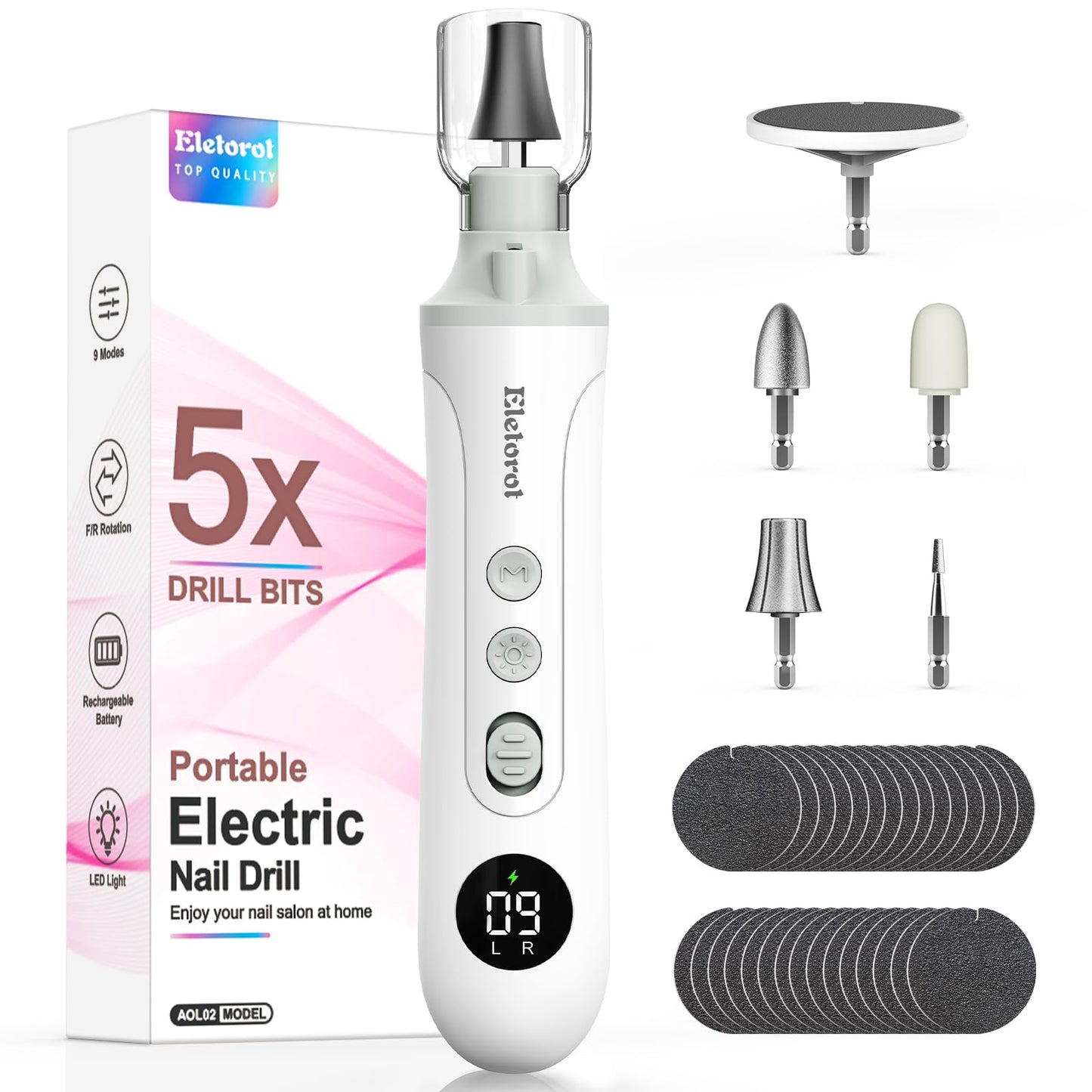 Eletorot Electric Nail File Set for Seniors, 5 in 1 Toenail Grinder Kit for Thick Nails, Professional Manicure and Pedicure Kit, Cordless Pedicure Tools for feet, 9 Speeds Nail Drill Machine