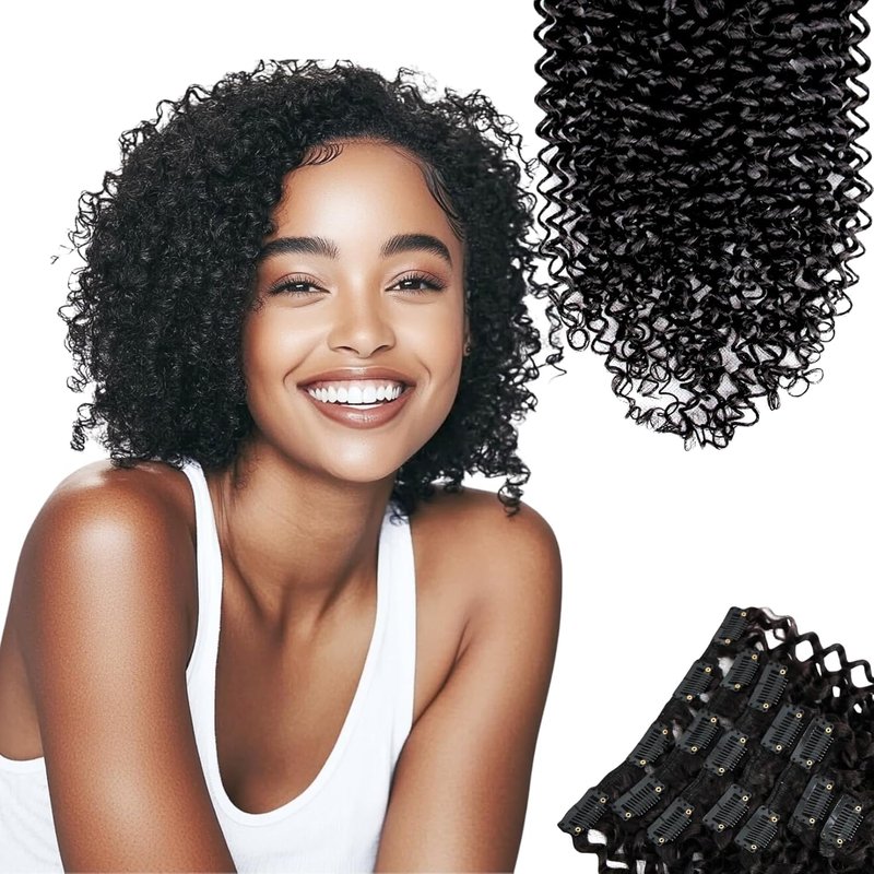SIYUSI Kinky Curly Clip In Extensions, 7Pcs Invisible & Scalp-Friendly, Natural Black Color, 3.52oz,3C 4A 100% Brazilian Remy Human Hair Clip Ins