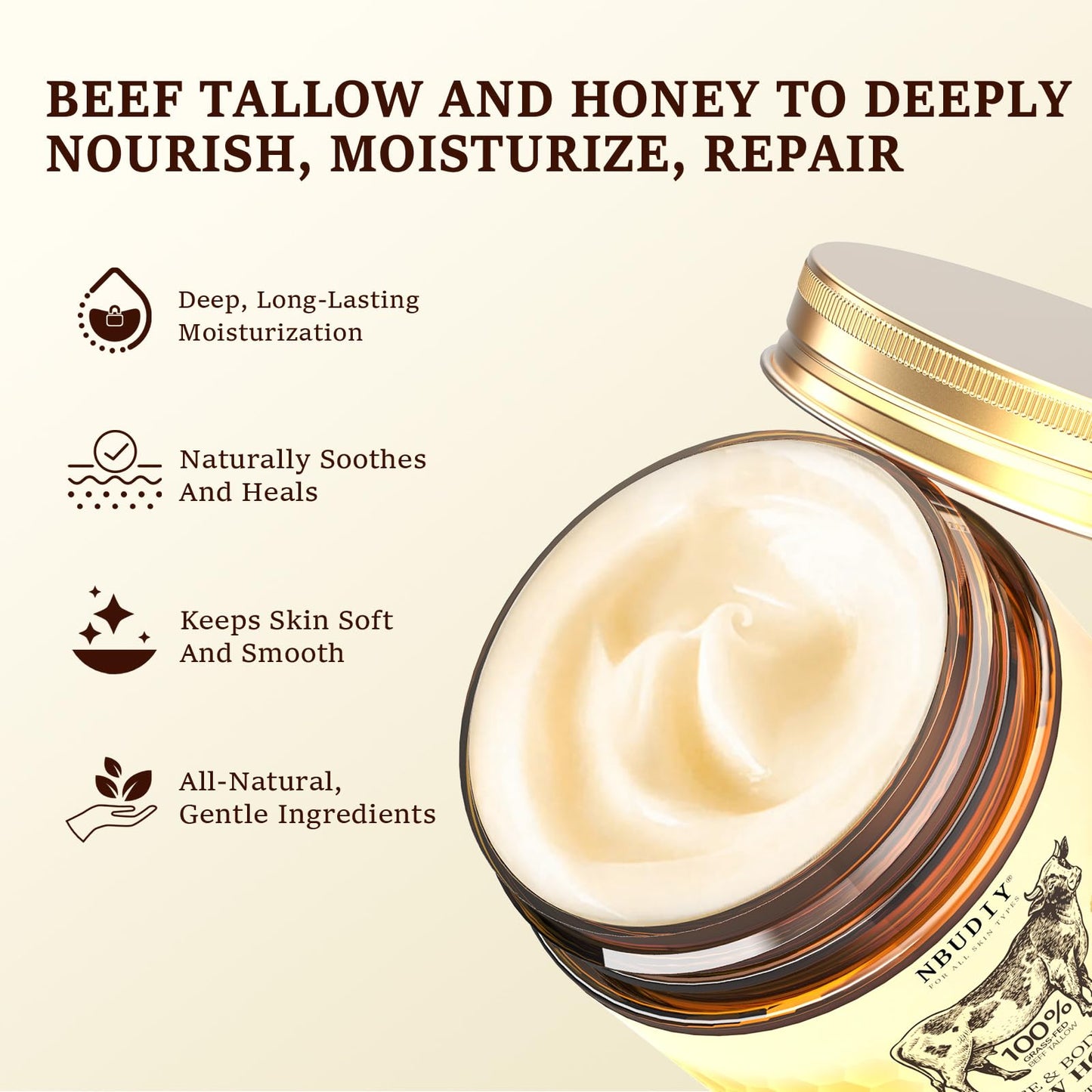 NBUDIY Beef Tallow for Skin, Tallow and Honey Balm, Tallow Face Moisturizer, Grass Fed Beef Tallow for Face - Sensitive Dry Skin Repair, Deeply Nourishing, Fragrance Free, 4.23Oz, Unscented