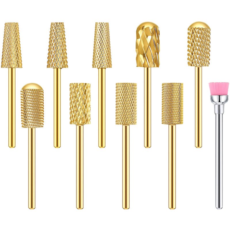 Honoson 10 Pcs Nail Drill Bits Set, 3/32 Inch Cuticle Tungsten Carbide Bit for Nail Drill Nails, File Remove Acrylic Gel Polish Manicure Pedicure Tool for Salon Home Supplies(Gold)
