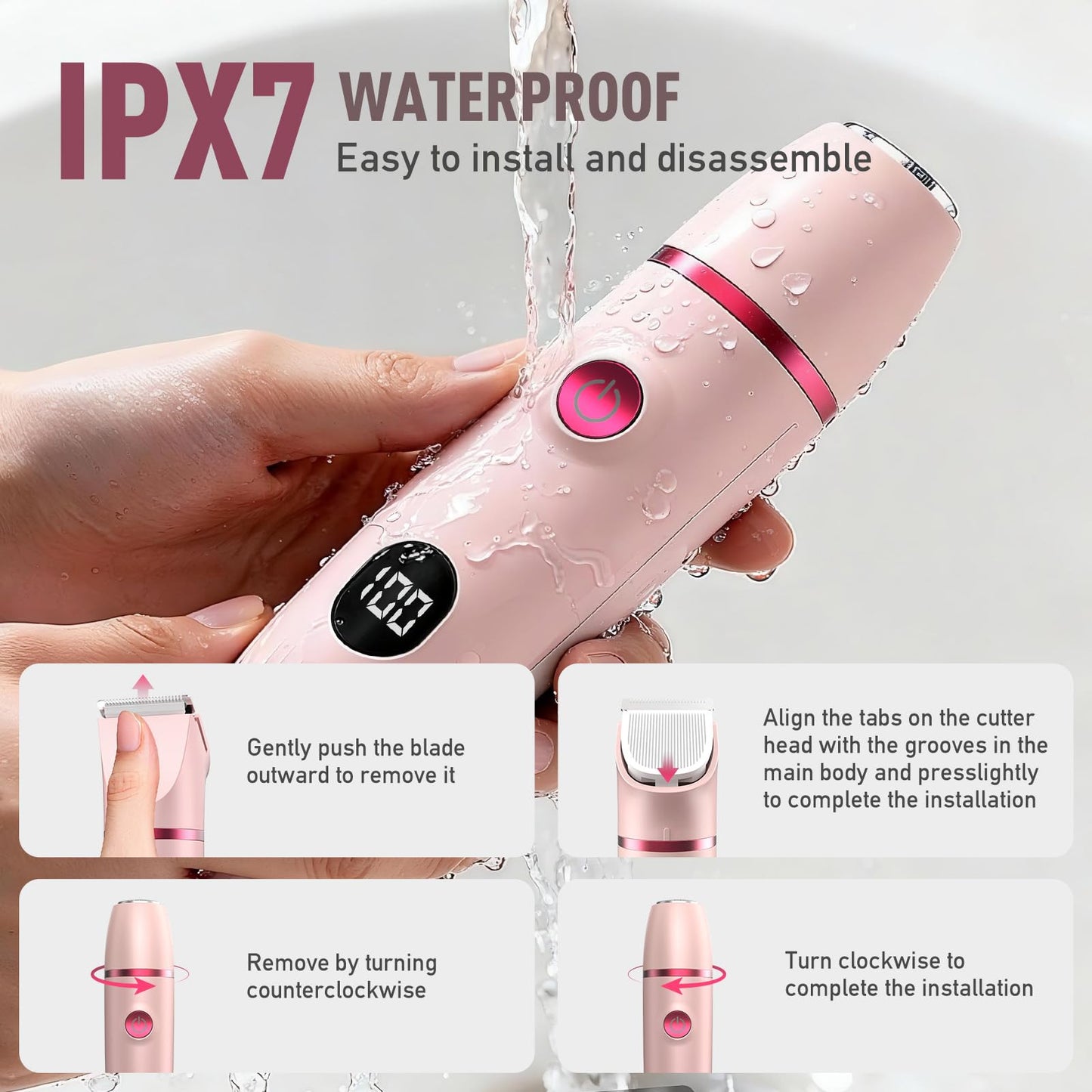 Crolanli Bikini Trimmer for Women, 3-in-1 Electric Razor, IPX7 Waterproof Ceramic Blades, Wet & Dry Use, LED Display, Painless Shaver for Bikini, Face, Underarms, Legs, Home Travel (Pink)
