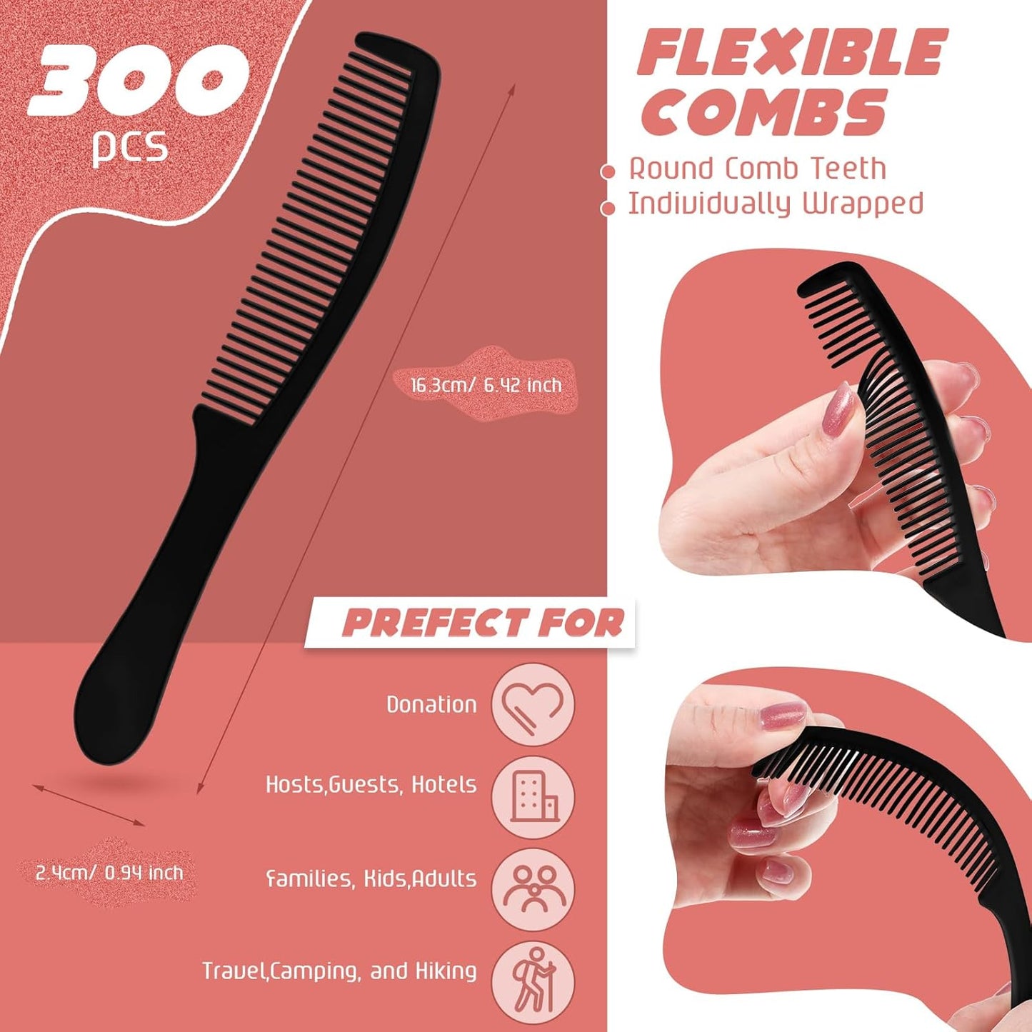 Long Handle Plastic Combs - Individually Wrapped Disposable Combs for Travel, Nursing & Charity | Black, 300 Pack