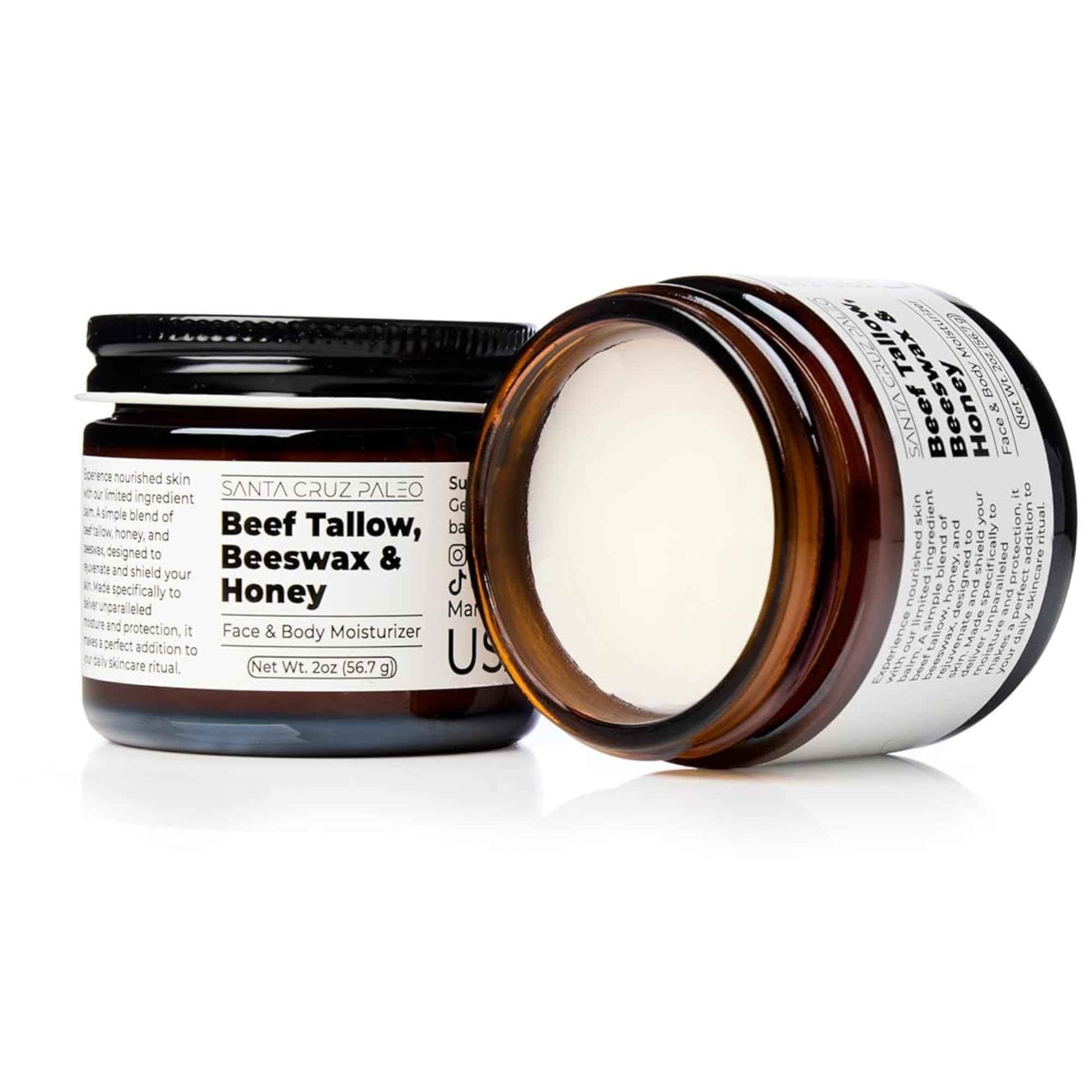 Santa Cruz Paleo Beef Tallow for Skin, Grass Finished & Grass Fed Beef Tallow and Honey Balm Body & Face Moisturizer, Organic Beeswax and Organic Honey, Light Scent, Moisturizing Natural Formula, 2 Oz