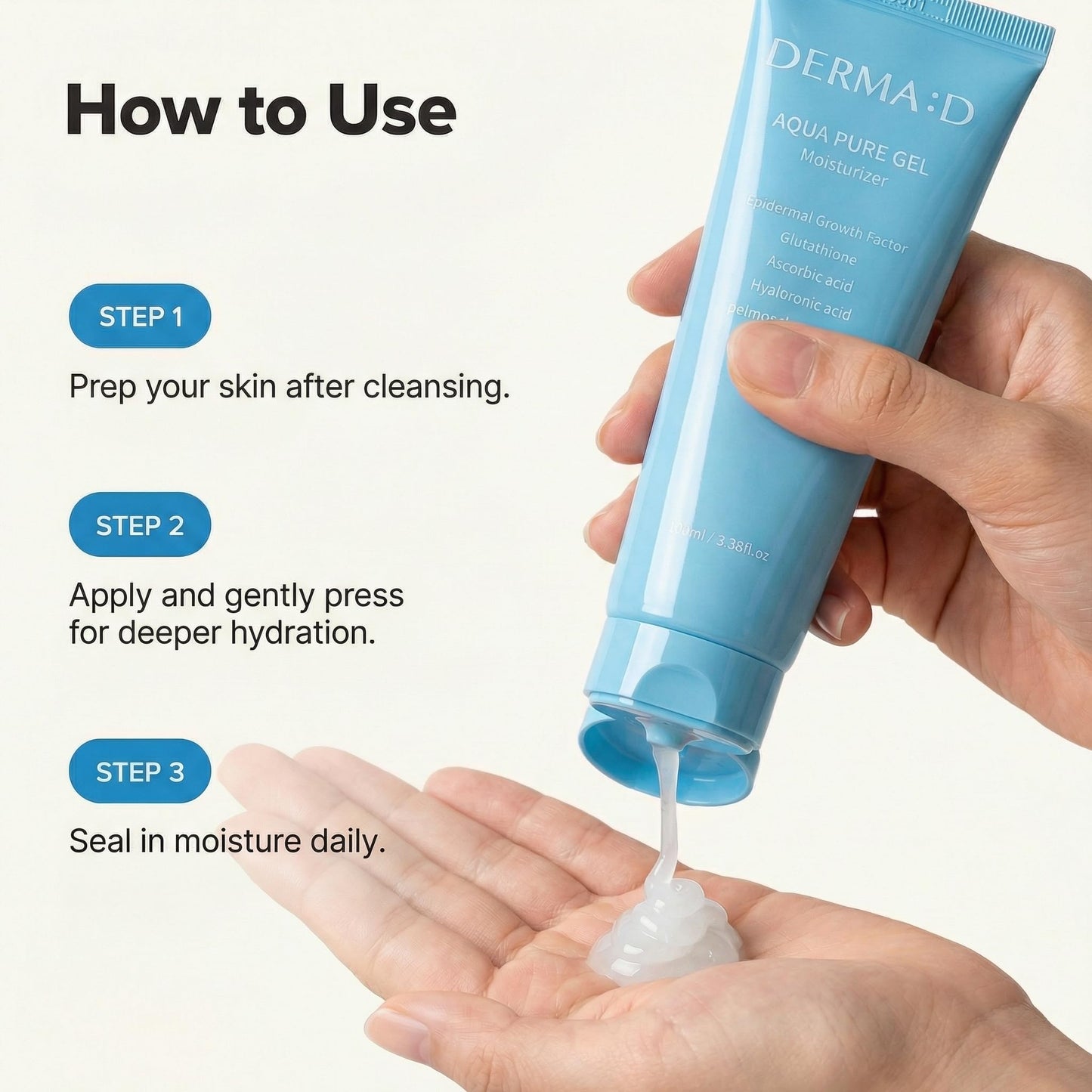 DERMA:D Korean Gel Moisturizer for Face – Lightweight Water Gel Cream with Hyaluronic Acid, EGF & Glutathione, Oil-Free Hydrating Moisturizer for Oily, Dry & Sensitive Skin, Non-Greasy, 3.38 fl oz