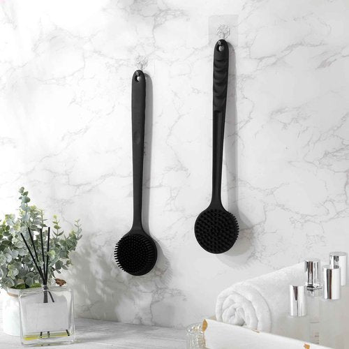 Sunnyray 4 Pack Scrubber Anti Slip for Shower, 15 Inch Soft Silicone Bath Body Brush Back Scrubber with Long Handle, Improved Skin Health Can Produce Foam for Men and Women, Black