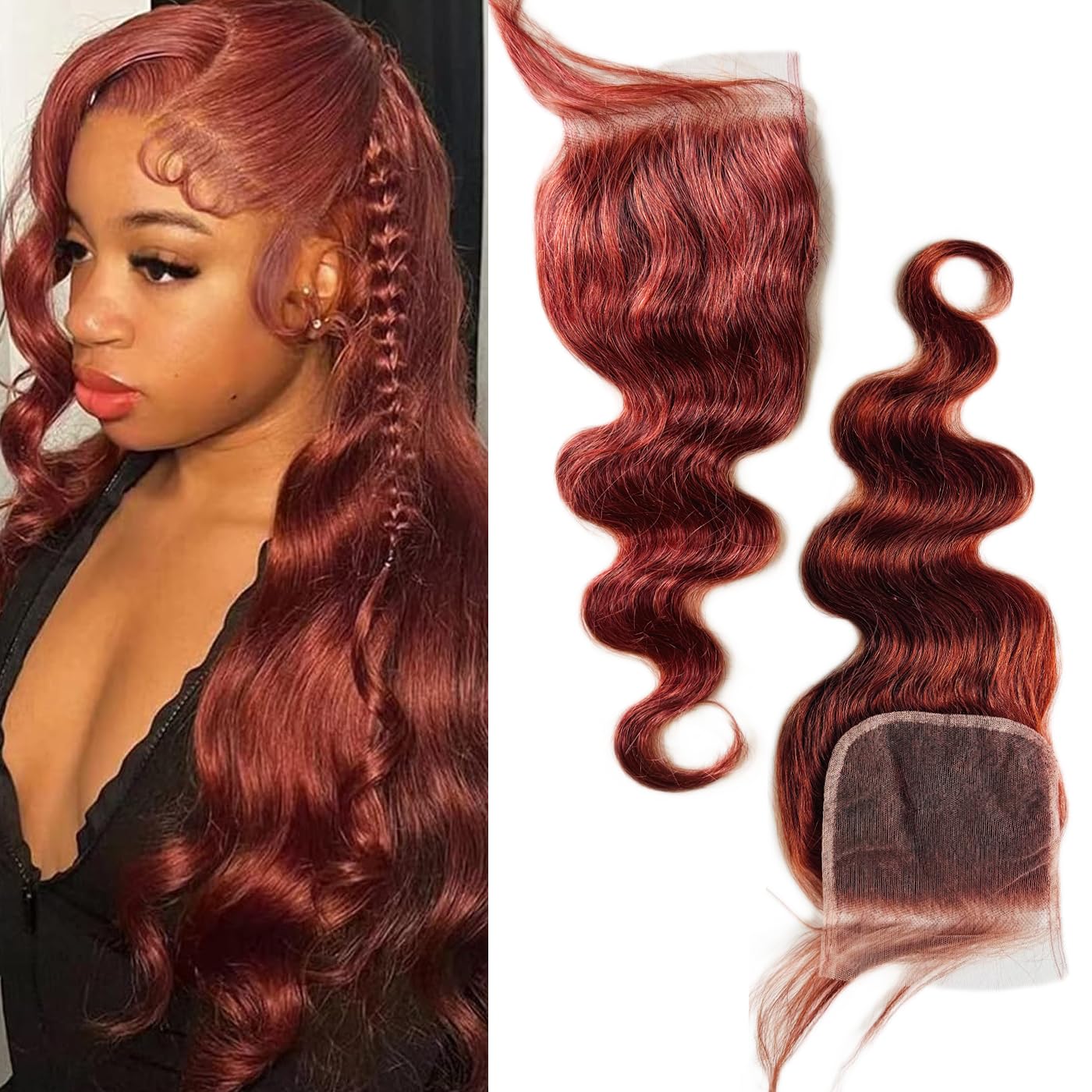 Reddish Brown Body Wave Closure 4x4 HD Transparent Swiss Lace 12a 100% Unprocessed Brazilian Virgin Remy Human Hair 150% Density Free Part Pre Plucked With Baby Hair Color #33 16 Inch