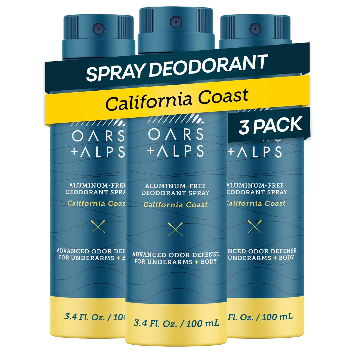 Oars + Alps Full Body Deodorant Spray for Men & Women, Aluminum Free Deodorant Spray, Dermatologist Tested, Extra Strength, Travel Size, Long Lasting, Odor Protection, California Coast, 3pk