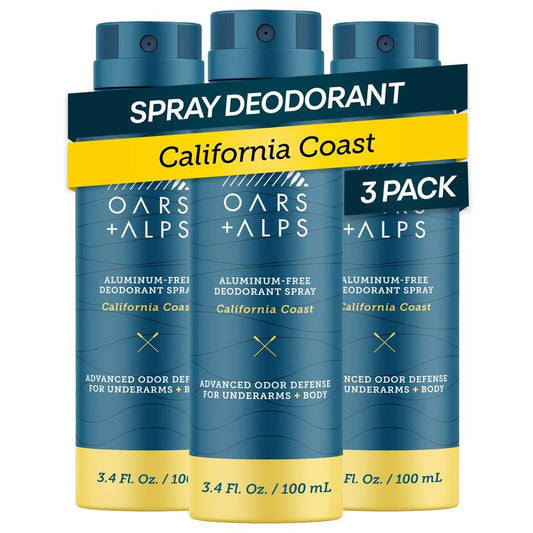 Oars + Alps Full Body Deodorant Spray for Men & Women, Aluminum Free Deodorant Spray, Dermatologist Tested, Extra Strength, Travel Size, Long Lasting, Odor Protection, California Coast, 3pk