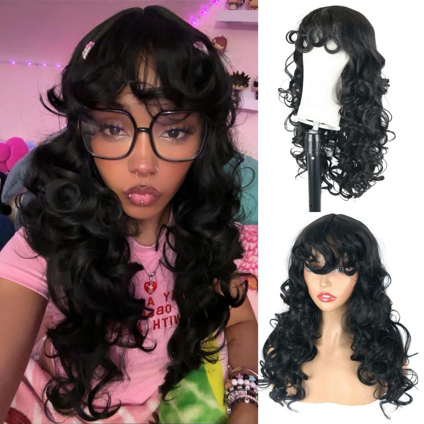 Oseti Long Curly Wig with Bangs Black Kinky Curly Layered Fluffy Shag Wig Synthetic Hair Wigs for Black Women Party Cosplay Use 24inch Long Curly Messy Hair Wigs with Bangs