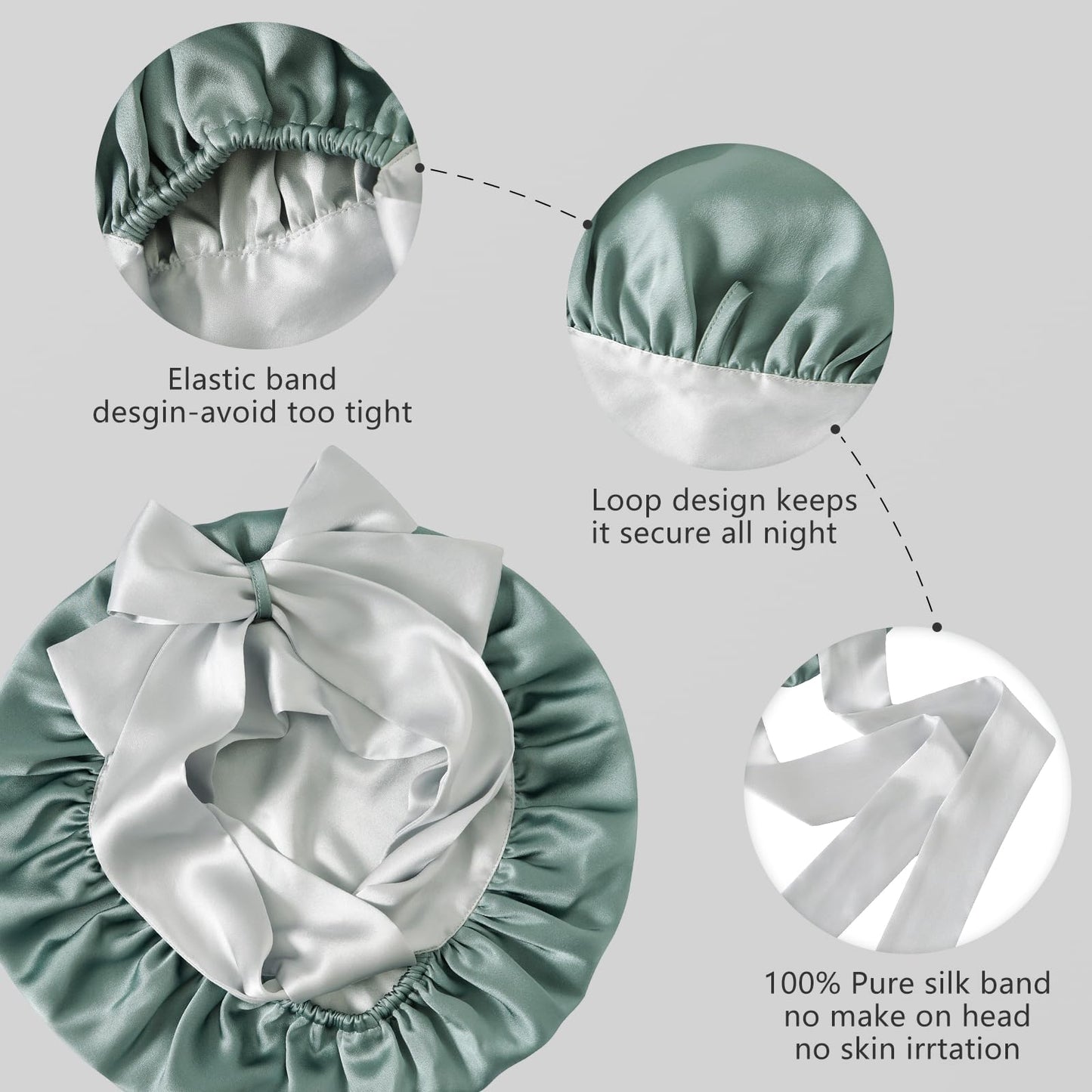 ZIMASILK 100% Mulberry Silk Bonnet for Sleeping Women Double-Layered Breathable Hair Wrap with Silk Tie Band - Reducing Hair Friction (1Pc, Grayish Green)