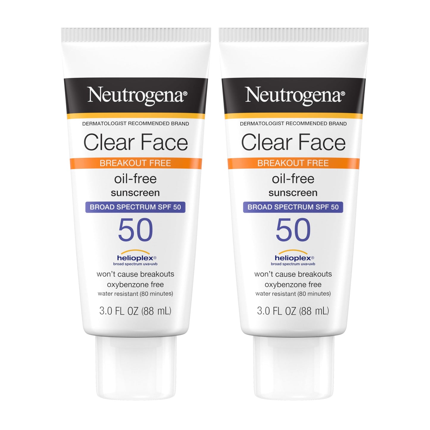 Neutrogena Clear Face Sunscreen Lotion for Acne-Prone Skin, Broad Spectrum SPF 50 Facial Sunscreen for Oily Skin, Oil-, Fragrance- & Oxybenzone-Free Water Resistant Sunscreen, Twin Pack, 2 x 3 fl. oz