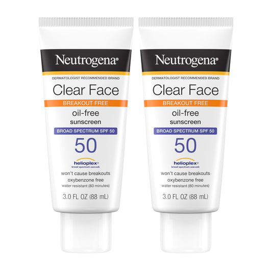 Neutrogena Clear Face Sunscreen Lotion for Acne-Prone Skin, Broad Spectrum SPF 50 Facial Sunscreen for Oily Skin, Oil-, Fragrance- & Oxybenzone-Free Water Resistant Sunscreen, Twin Pack, 2 x 3 fl. oz