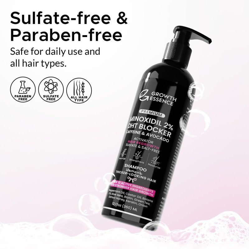 Minoxidil 2% Shampoo for Women – Growth Essence Premium, Hair Regrowth Shampoo with Biotin, Caffeine & DHT Blockers – Strengthening Formula with Keratin, Castor Oil, Green Tea & Rosemary