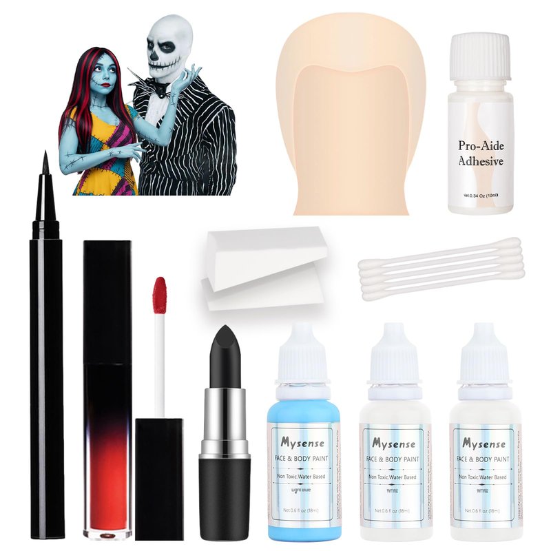 Mysense Skeleton Boy and Ragdoll Girl Makeup Kit for Halloween Jack Cosplay Sally Costume for Adults&Kids with Bald Cap,Pro-Aide Adhesive,Face Paint,Eyeliner,Lipstick&Applicators