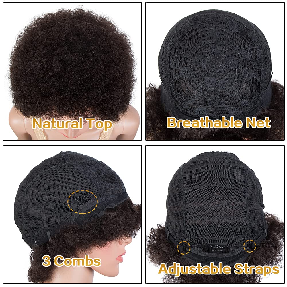 Joedir HAIR Short Afro Human Hair Wigs for Black Women Natural Black Afro Curly Wig Soft and Bouncy Glueless Wig 130% Density (Color: Natural)