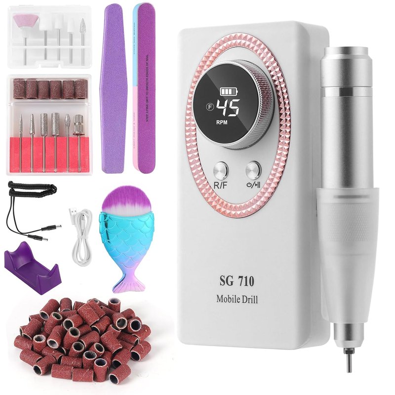 Electric Nail Drill Machine - 45000RPM Rechargeable Portable Kit with Smart LCD Screen | Gel Nail Manicure & Pedicure (White)