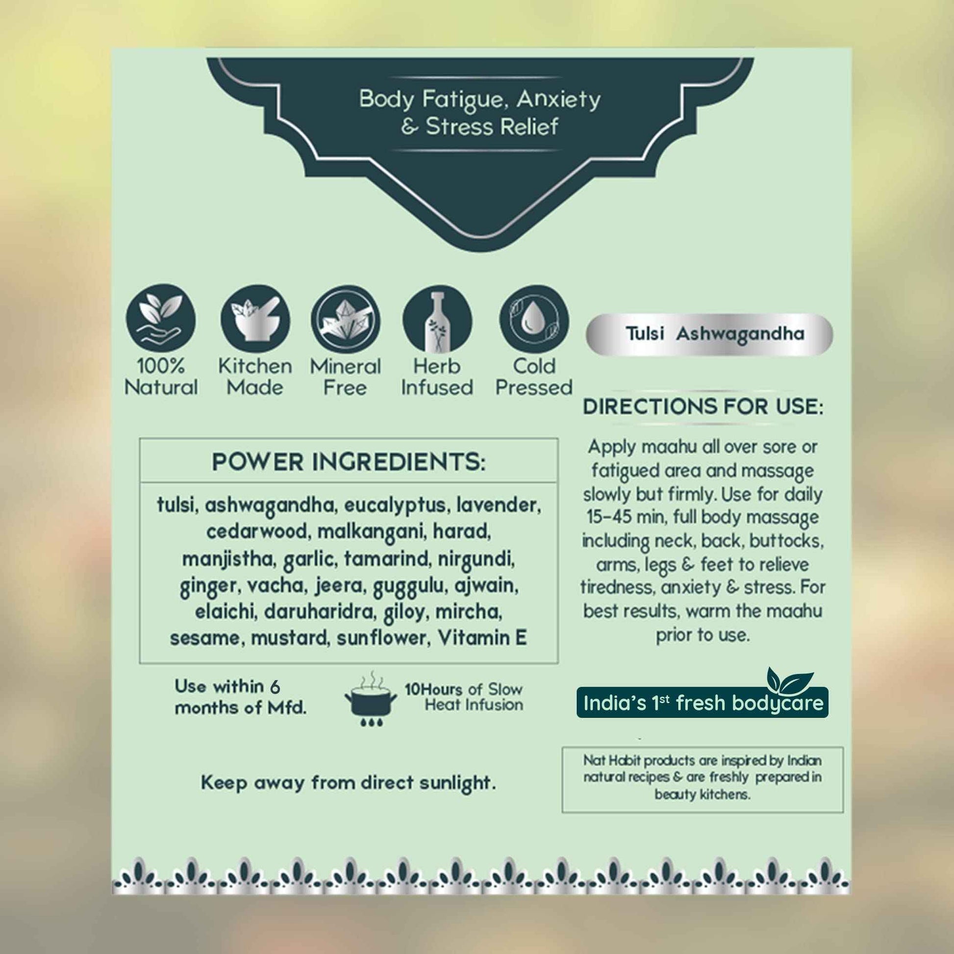 Nat Habit Pure Tulsi Ashwagandha Maahu, Ayurvedic Body Massage Oil, 100ml