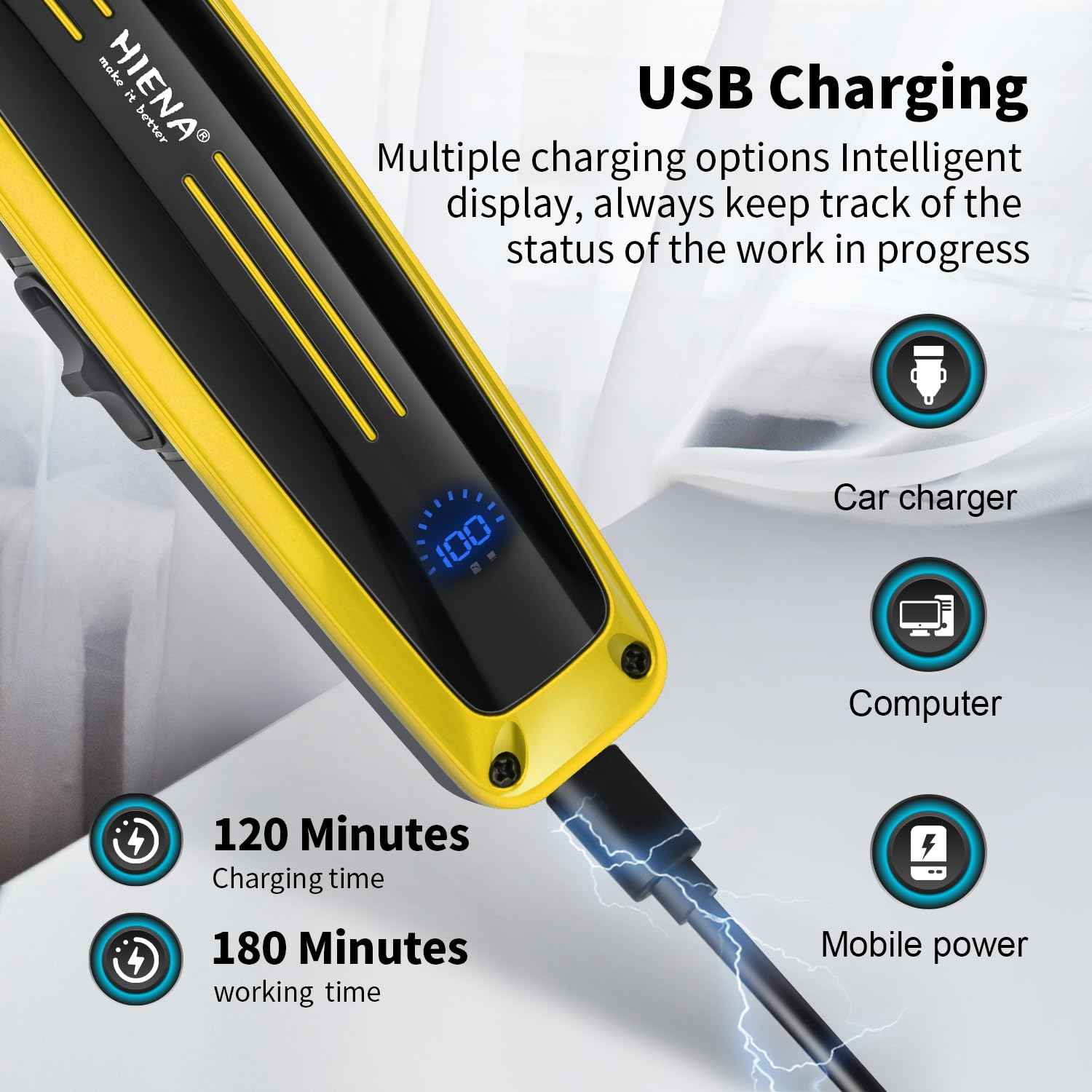 HIENA PRO Professional Electric Hair Trimmer for Men, Cordless Clipper Barber Haircut Tool with USB, Rechargeable T-Blade Precision Beard Trimmer, Perfect Gifts for Men(Gold)