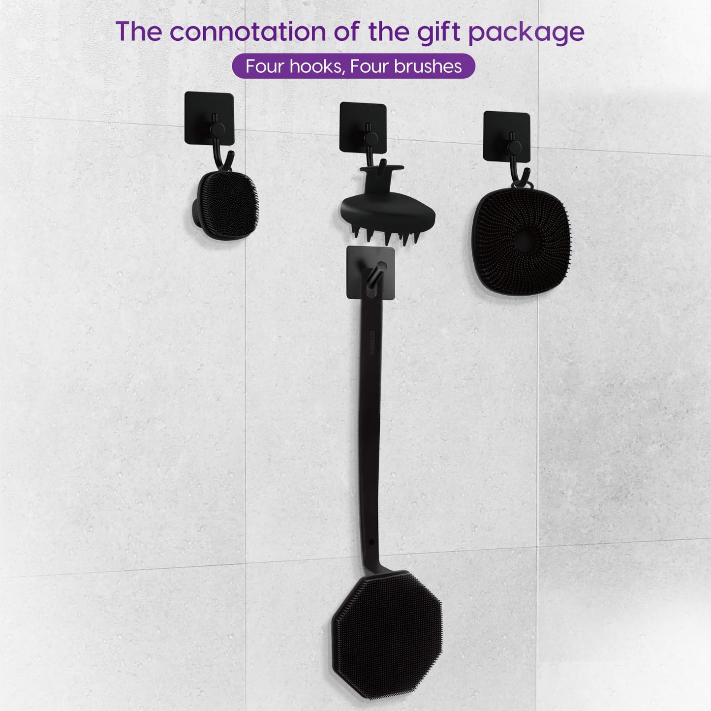Silicone Body Scrubber Set ，Includes Back & Body Scrubbers, Face Brush, Scalp Massager, 4 Storage Hooks, Shower & Bathroom Hygiene Accessories for Gift(Black) (D)