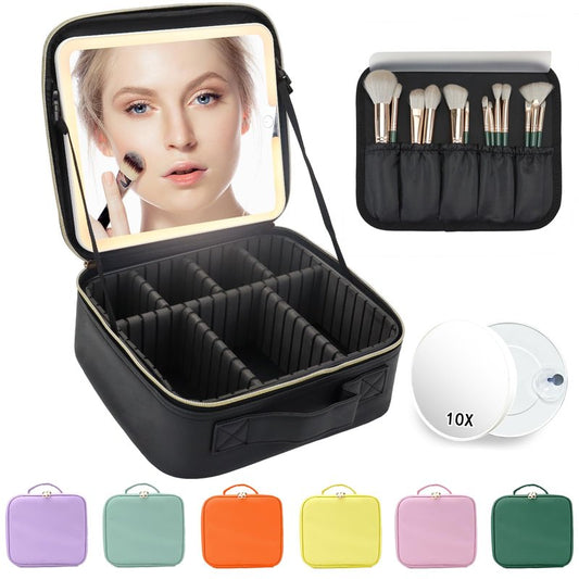 MORMID Makeup Bag with Mirror,with Mirror 3 Color Setting and Detachable 10x Magnifying Mirror Large Vanity Makeup Cases,Portable Storage and Adjustable Dividers, for Women and Makeup Artists-Black