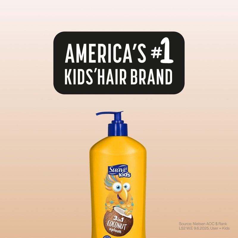 Suave Kids 3-in-1 Tear Free, Body Wash, Shampoo and Conditioners, Dermatologist Tested, Coconut Splash, 18 Oz Pack of 6