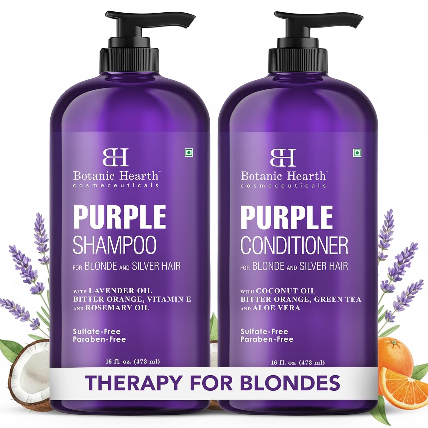 Botanic Hearth Purple Shampoo & Conditioner Set - Enhances Blonde, Silver & Gray Hair | Sulfate & Paraben Free, 16 Fl Oz Each