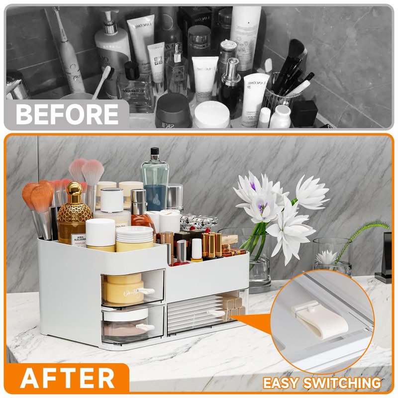 SuoXing White Make up Organizers for Vanity,Large Plastic Bathroom Counter Organizer With Drawers,Skincare Organizers and Cosmetic Storage for Dresser Top Skin Care,Beauty Products and Brush Holder