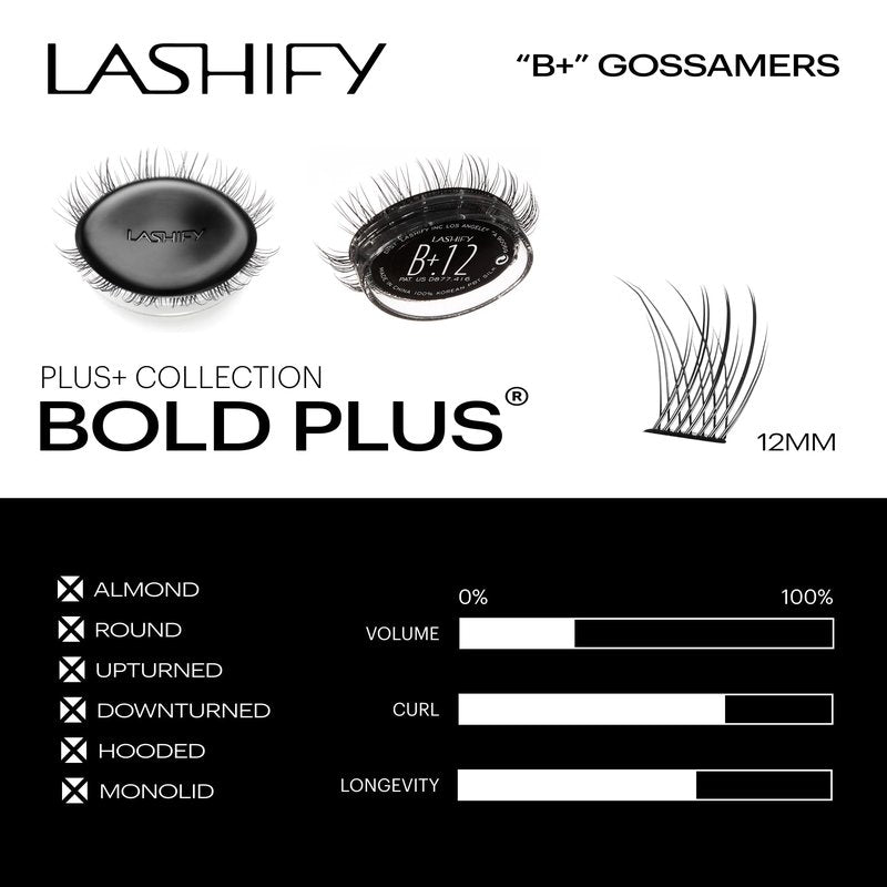 Lashify Bold Plus+ 12mm Gossamer Eyelash Extensions Refill in Black, Easy DIY False Lashes for the Most Delicate, Natural and Long Lasting Look