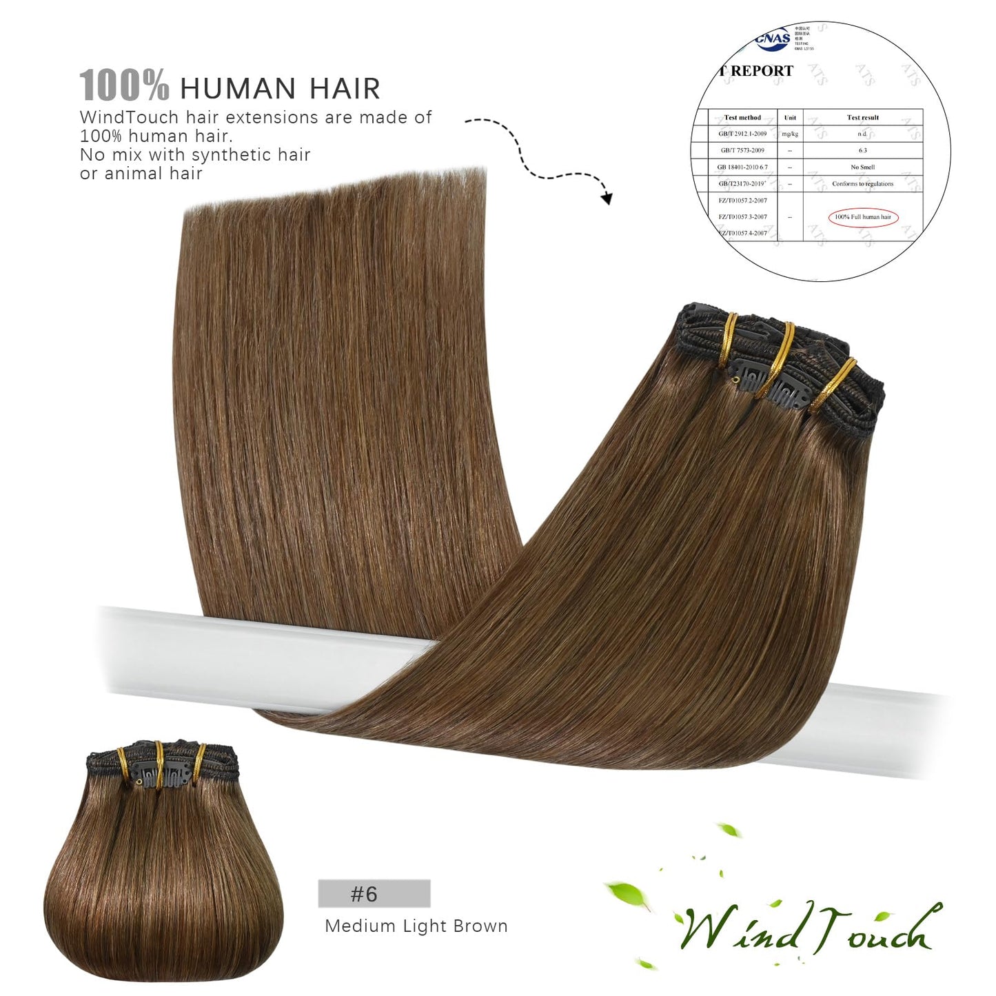 WindTouch Clip in Hair Extensions Light Brown Hair Extensions 12Inch 75g 7PCS Human Hair Clip in Extensions #6 Chestnut Brown Extensions for Women