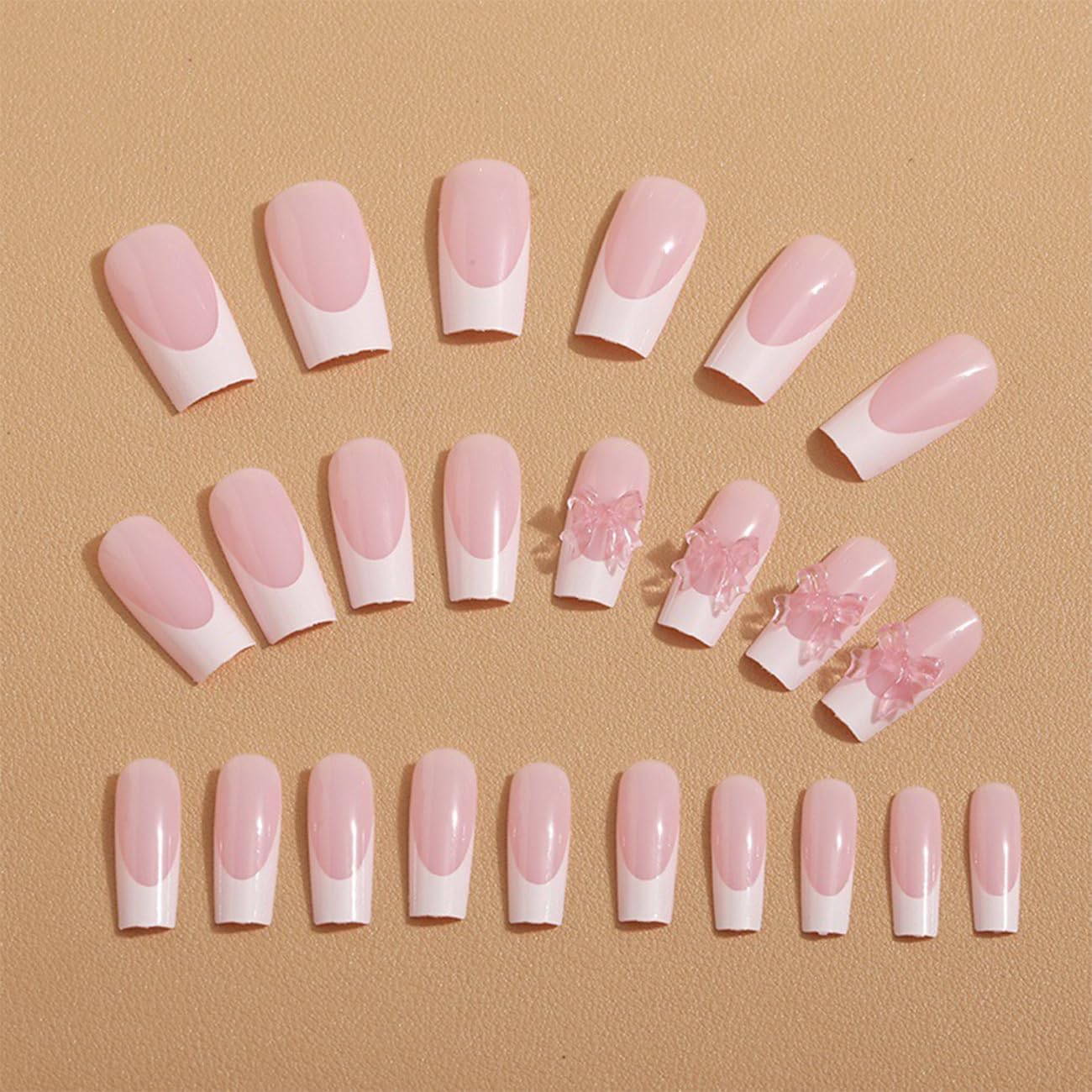 24pcs French Tip Press-On Nails - Short, Charms, Bow, Flower Design, Pink, Cute, Square Shape, Acrylic, Rhinestones