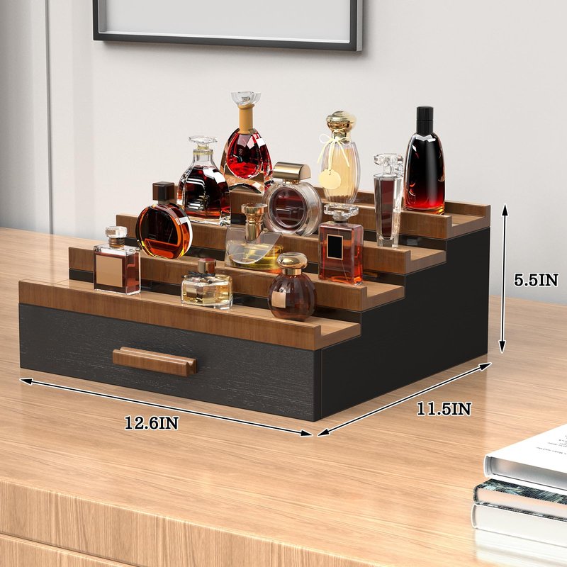 Zalida Wooden Cologne Organizer for Men 4 Tier of Perfume Display Holder of Drawer & 2 Hidden Compartments Larger Storage Space Mens Perfume Organizer Shelf Stand,Gift for Man (4T-Black Brown)