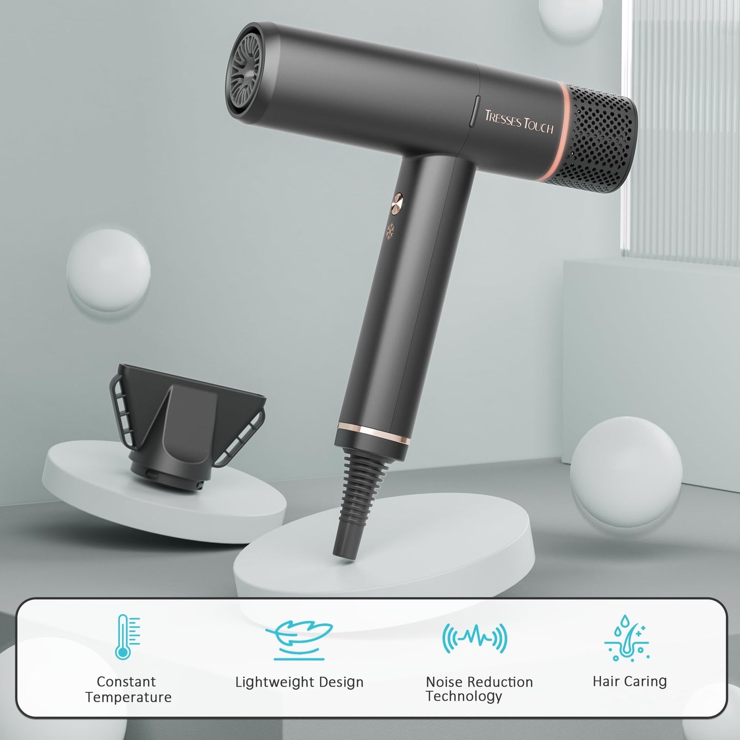 Professional Ionic Hair Dryer with Diffuser, High-Speed Ionic Low Noise Blow Dryer, Powerful 1600 Watt Motor for Fast Drying and Straight & Wavy Hair, Lightweight