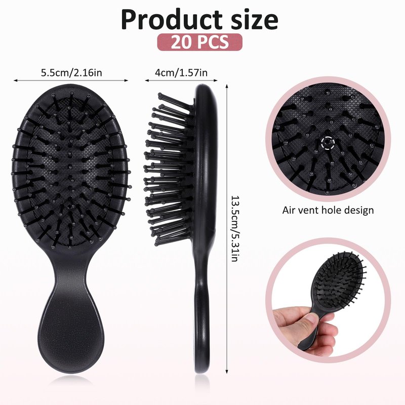 20 Pack Small Wet Hair Brushes, Nylon and Natural Boar Bristles Hair Brush Portable Travel Detangling Brush Mini Air Cushion Brush Pocket Paddle Hair Brush Scalp Massage Hair Brushes for Women - Black