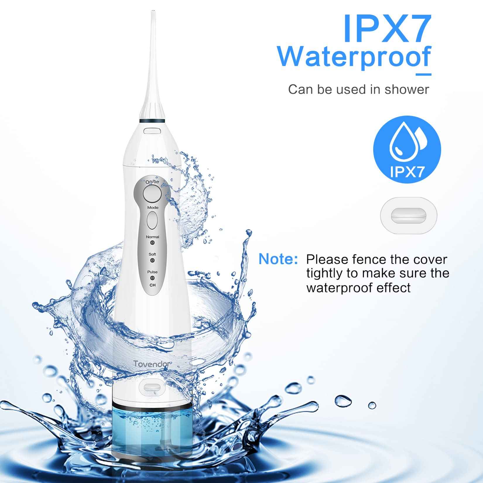 TOVENDOR Electric Water Flosser, Cordless Rechargeable Dental Oral Irrigator IPX7 Waterproof 300ML Travel Water Teeth Cleaner with 5 Tips for Braces Care Teeth Gums Cleaning, Home Office Daily Use