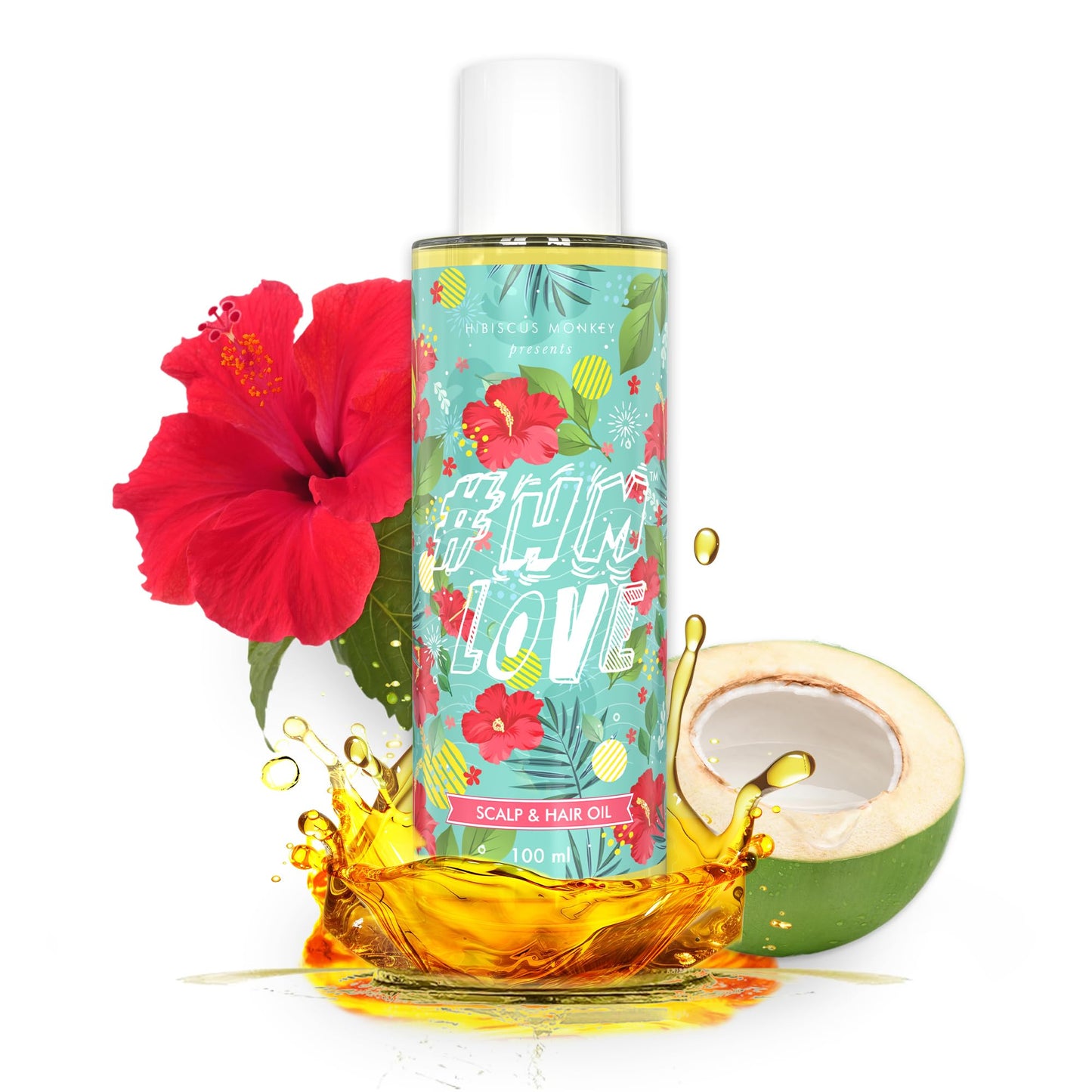 Hibiscus Monkey HM Love Scalp & Hair Oil, Promotes Hair Growth, Reduces Hair Fall, Scalp care, Anti Frizz, Real Hibiscus Flowers, Coconut Milk Oil, Natural, No Mineral Oil, Chemical-Free, 100mL