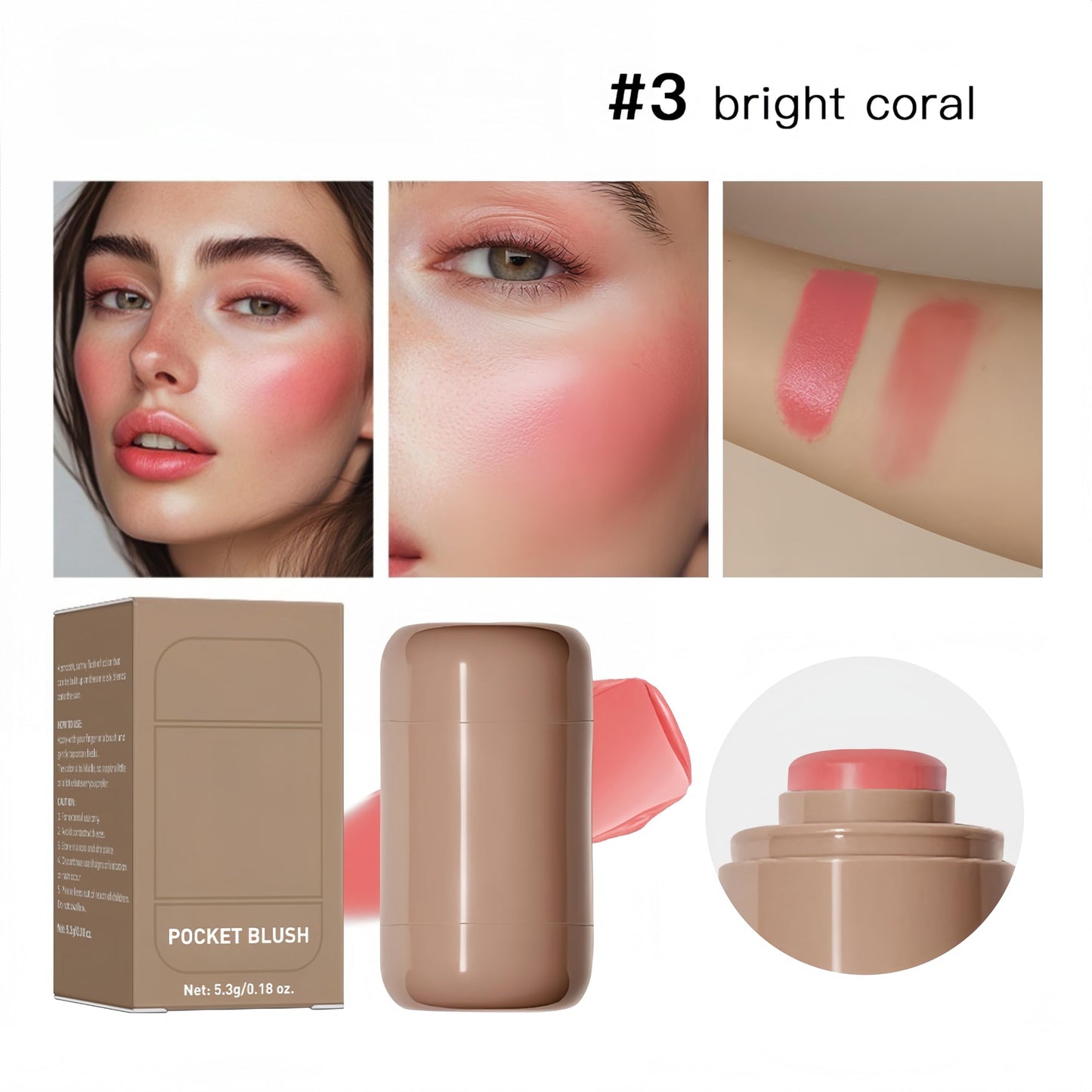 MAEPEOR Matte Blush Stick Creamy Natural Looking Finish Face Blush Long-Lasting Lightweight Buildable Blushes Stick for Cheeks (03 Bright Coral)