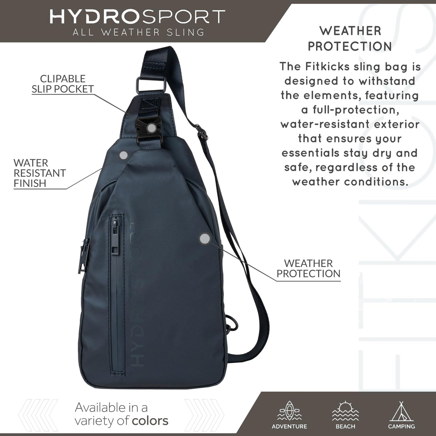FITKICKS Hydrosport All Weather Sling Bag Unisex Crossbody Travel Hiking Chest Bag - Navy