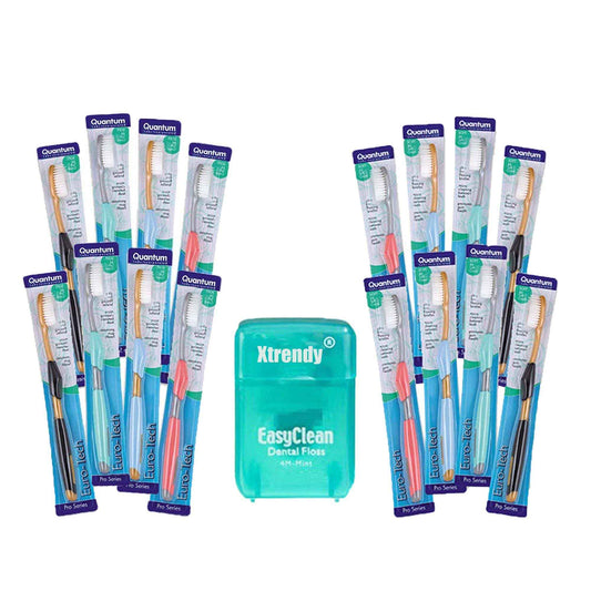 XTRENDY Euro-Tech Extra Soft Toothbrush, Soft Ultra Fine Feathered Bristles Toothbrush with Soft Slim Handle Grip and Thumb Rest for Adults, 16 Pack Bonus Floss