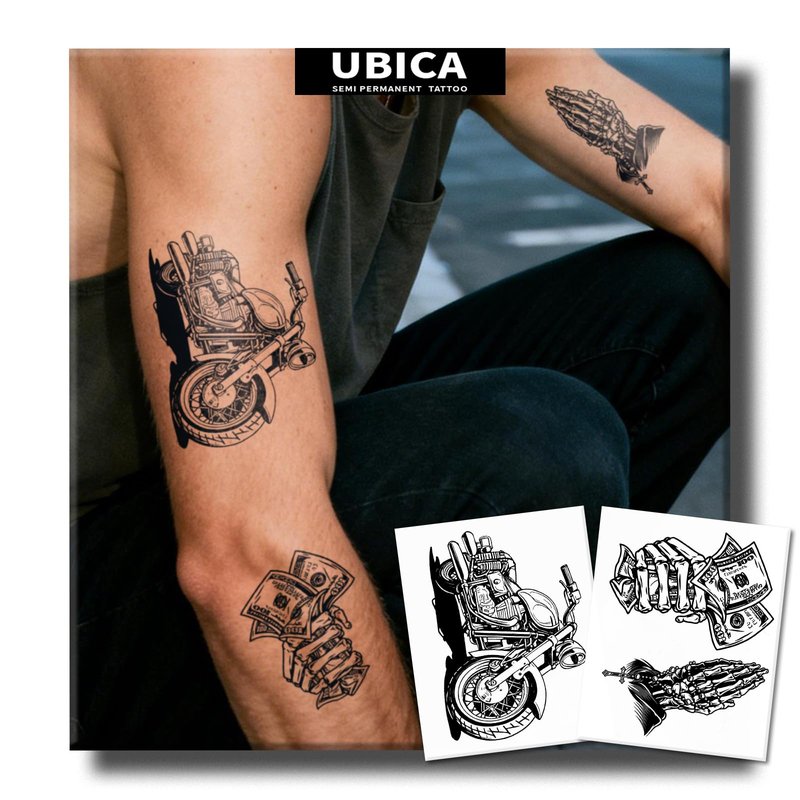 UBICA Semi Permanent Tattoos, 2 Sheets Realistic Temporary Tattoos for Men, Fake Tattoos for Arm Hand, Waterproof, No Reflective, Lasts 2 Weeks (Chicano Motorcycle & Skull Money Cross Hand Designs)