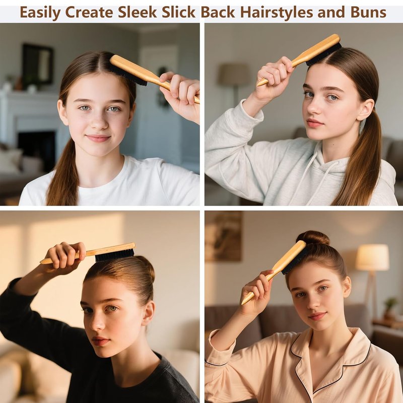 Boar Bristle Hair Brush - Smooth Flyaways & Frizz Control | Ideal for Sleek Ponytails, Buns & Edges