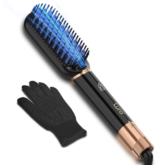 LURA Ionic Hair Straightener Brush,Dual Voltage Hair Straightening Brush for Women,High Heat Flat Iron Brush for Black Women，Ceramic Hair Straightener Comb with 6 Adjust Temperature