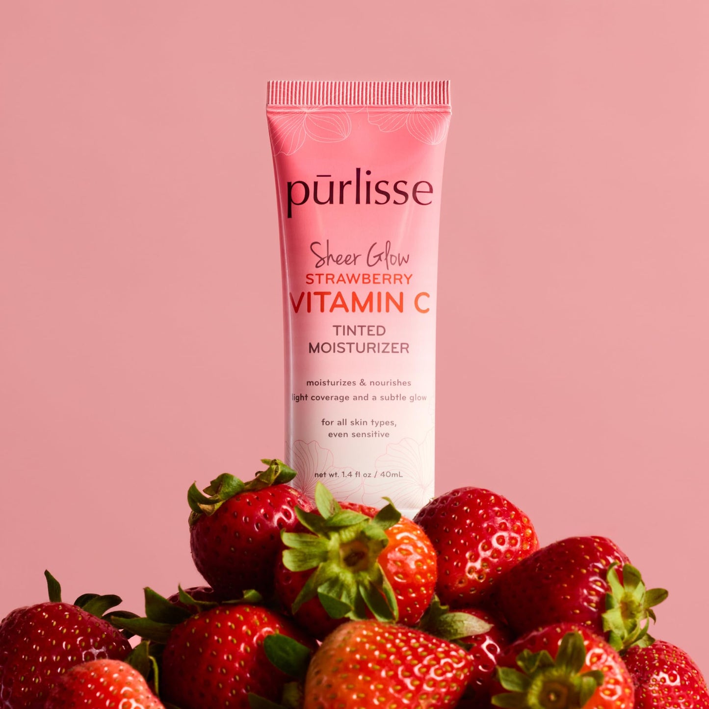 pürlisse Sheer Glow Strawberry Vitamin C Tinted Moisturizer - Skin Tint Moisturizer Enriched with Antioxidants to Even Complexion - Dewy Light Coverage for All Skin Types - Tan (1.4 oz)