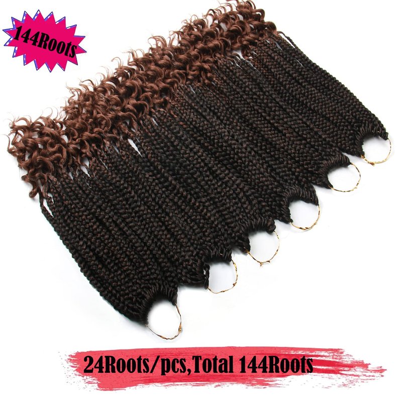 Box Braid Crochet Hair - 14 Inch Ombre Brown Curly Wave Goddess Braids | 144 Roots, 24 Strands