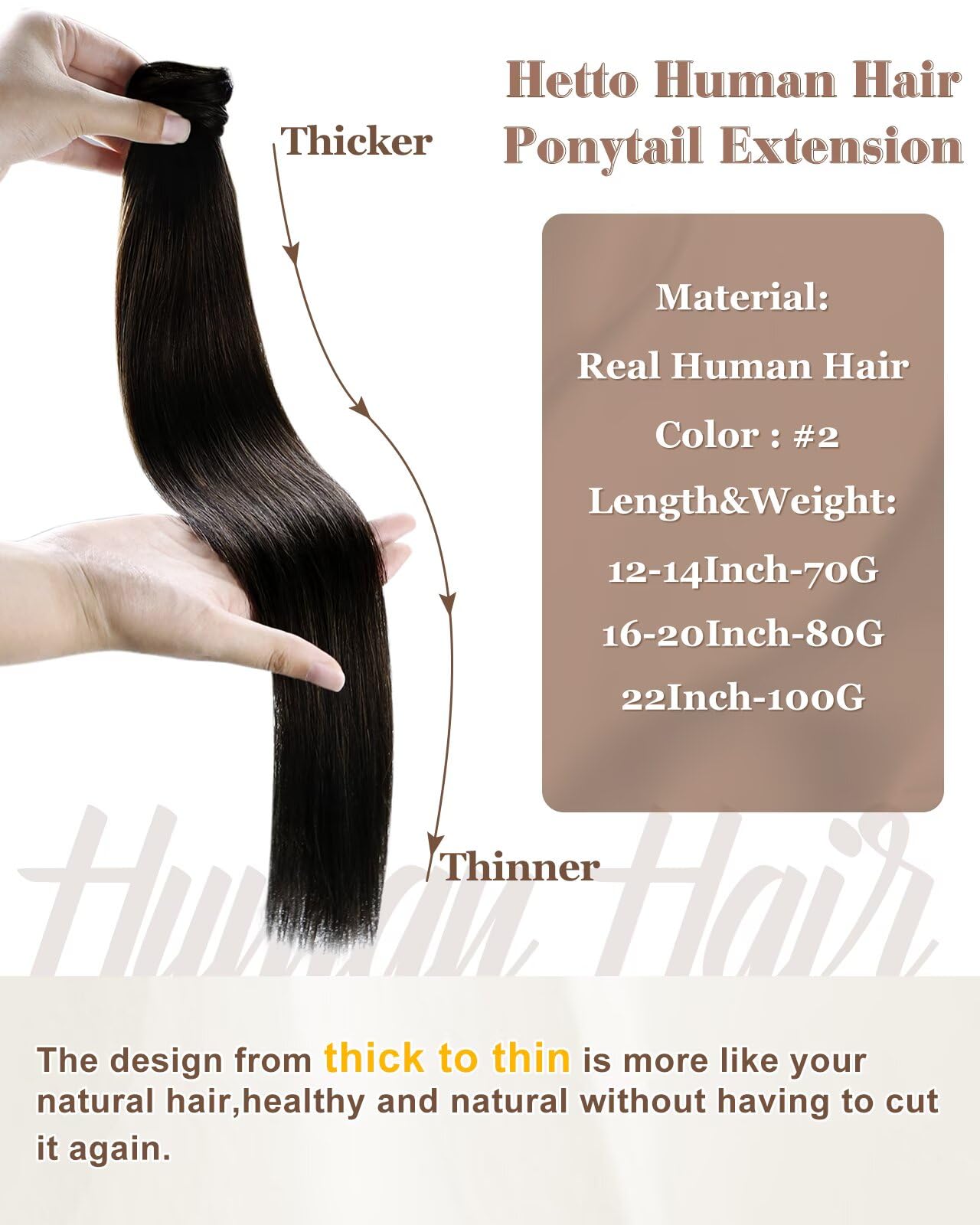 Hetto Ponytail Extension Human Hair Darkest Brown 12Inch 70g